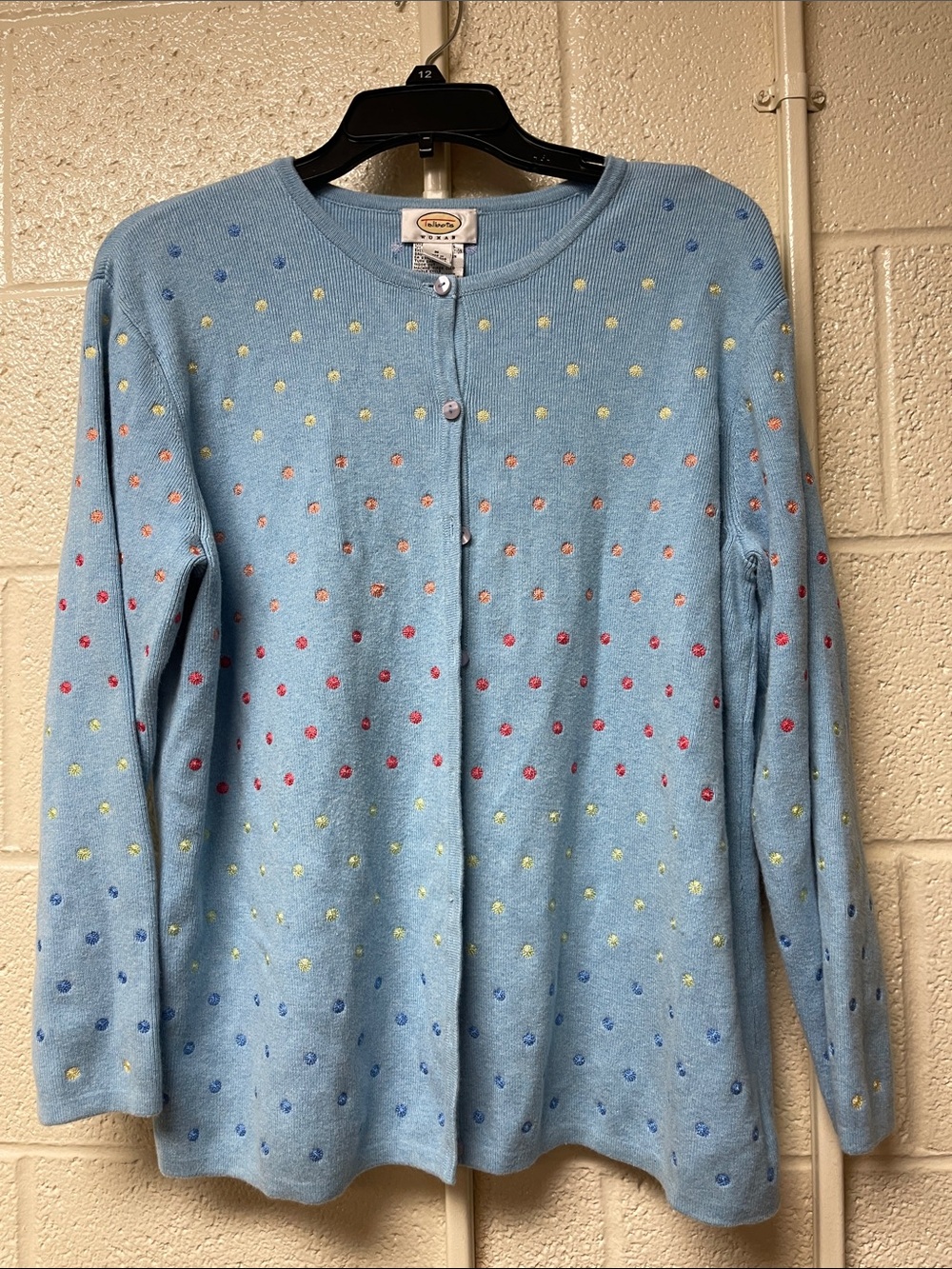 Talbots Light Blue Cardigan with Multicolor Polka Dots